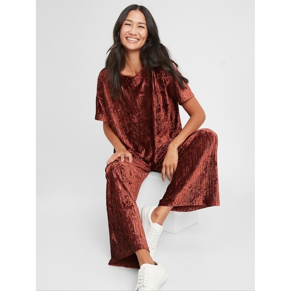 Banana Republic Rusty Red Crinkle Velvet Wide Leg Pants Size M - Picture 2 of 6